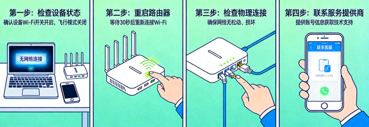 Ilustrasi troubleshooting dan pemecahan masalah koneksi internet dasar