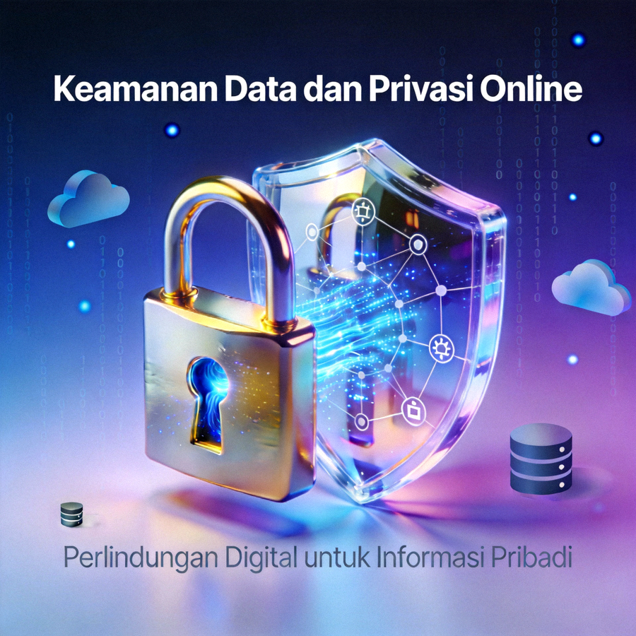 Ilustrasi keamanan data dan privasi online dengan simbol gembok dan perisai digital