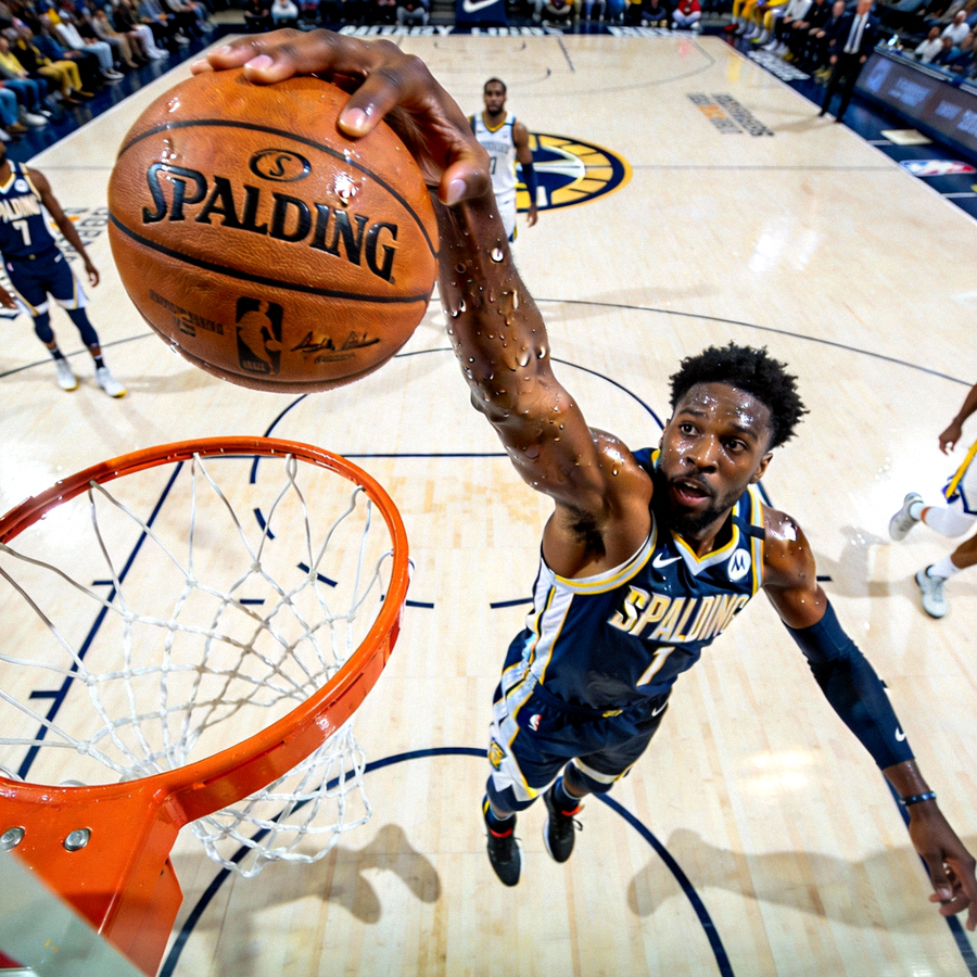 Pemain basket melakukan slam dunk di tengah pertandingan